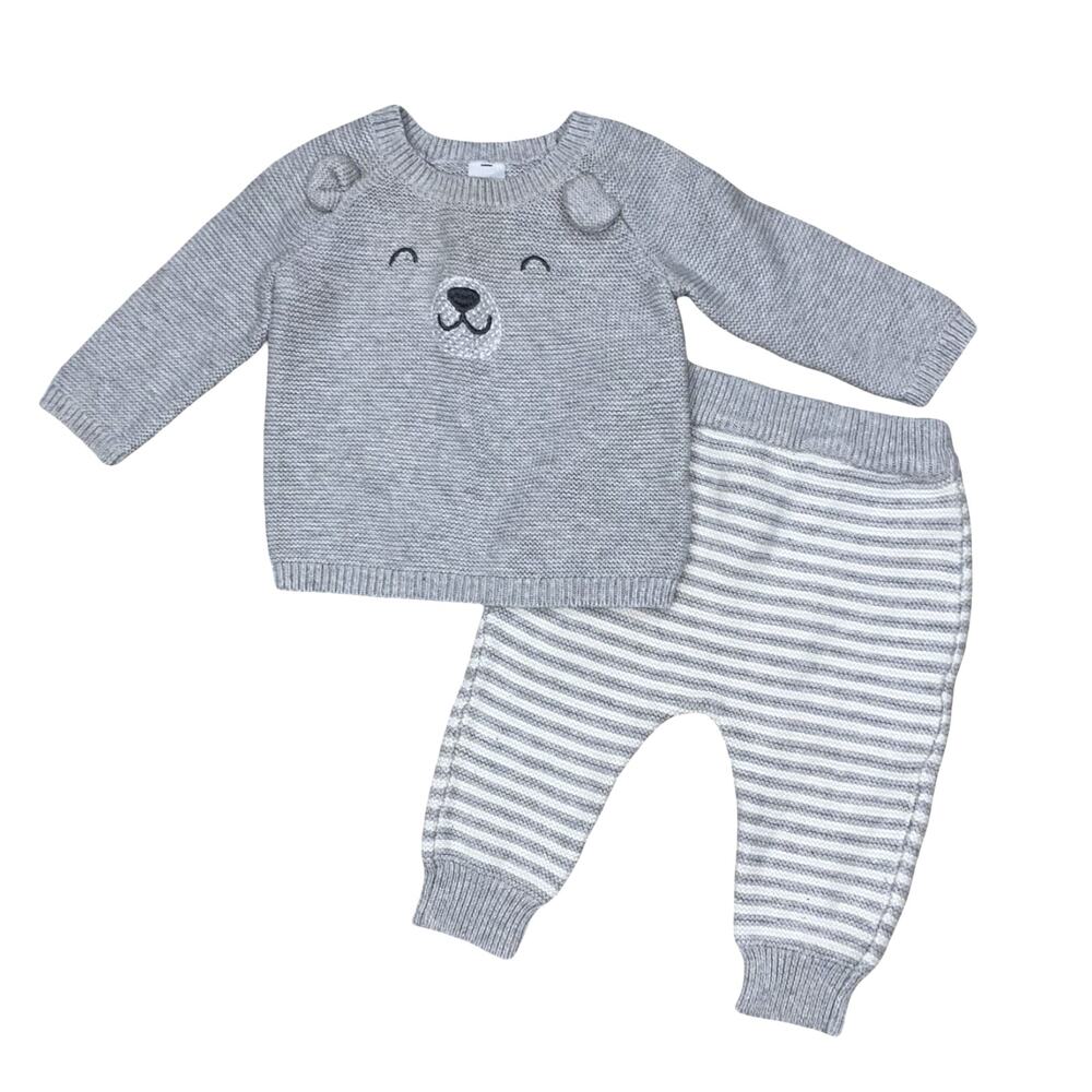 Just One You Baby Bear Sweater Set Grey Knit Top Striped Pants Size 6M